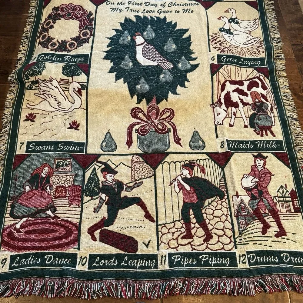 Vintage Twelve Days Of Christmas Throw Blanket Tapestry Size 70 X 46